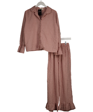 meeka Pink Taylor Crinkle Cotton Gingham Pyjama Set - Cinnamon Cherry UK M