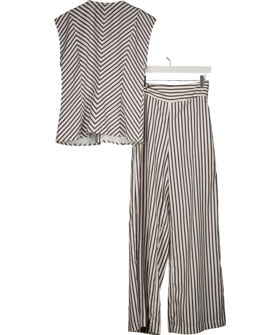 COMMENSE 2-piece Ivory White / Navy Striped Waistcoat Top And Wide Leg Trouser Set With Wide Waist Belt UK S