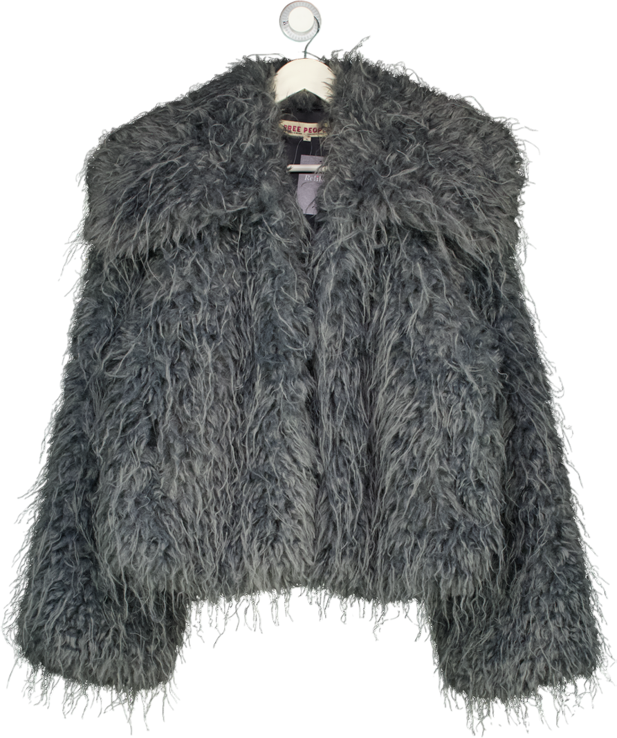 FREE PEOPLE Moonlight Glam Faux Fur Jacket In Grey Blue UK L