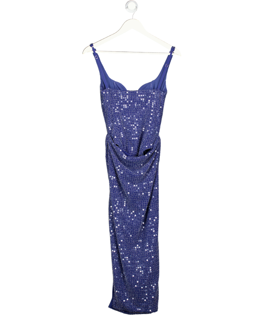 Oh Polly Blue Structured Plunge Drape Fron Midi Dress With Built In Body Suit UK 8