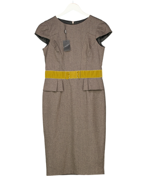 NEXT Brown / Olive Green Velvet Bow Front Pencil Dress UK 10