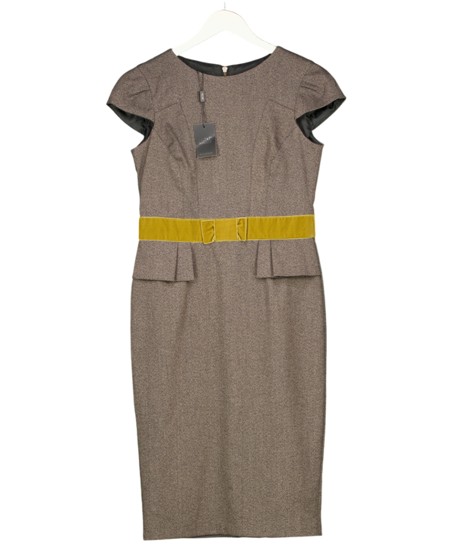 NEXT Brown / Olive Green Velvet Bow Front Pencil Dress UK 10