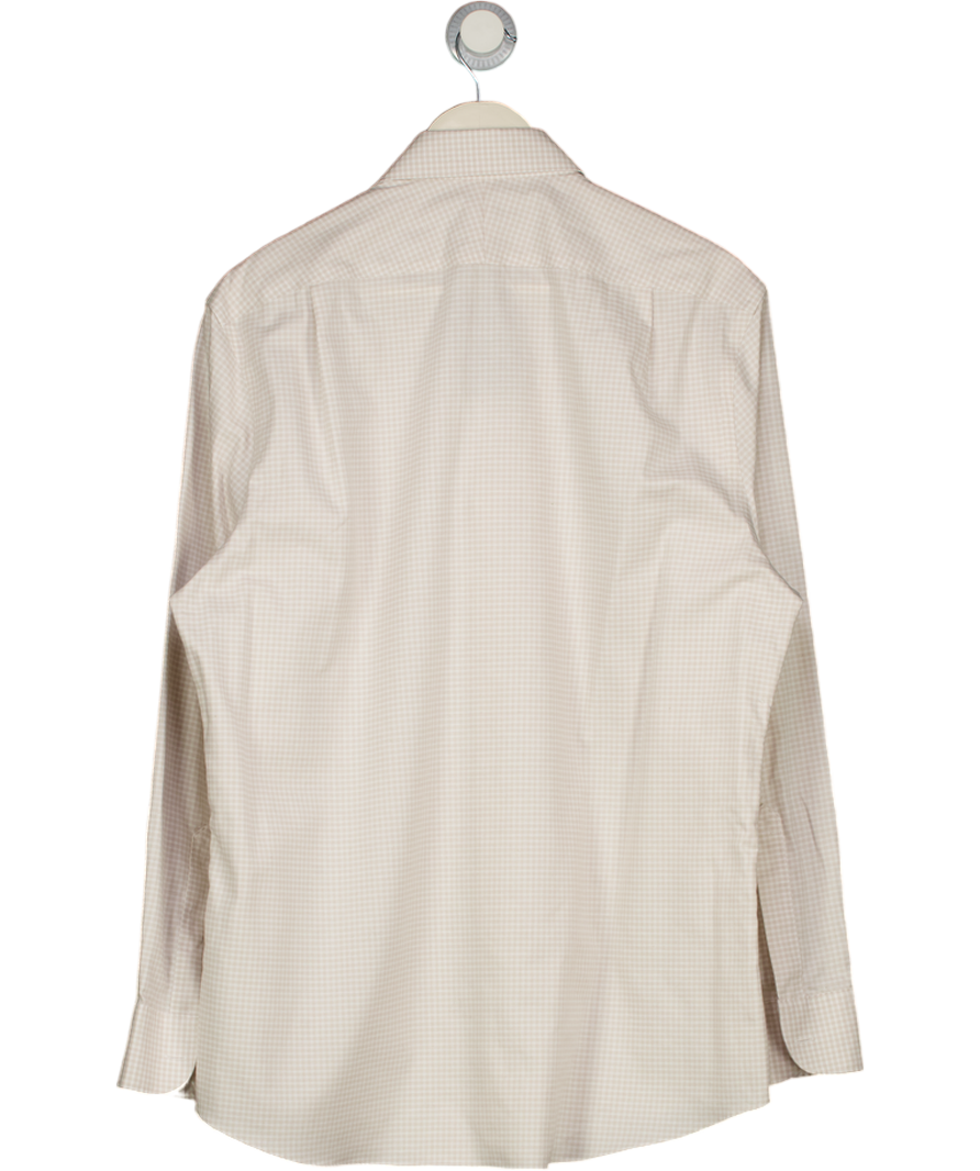 CHARLES TYRWHITT Beige Mini Check Non-iron Cotton Linen Blend Slim Fit Shirt UK L
