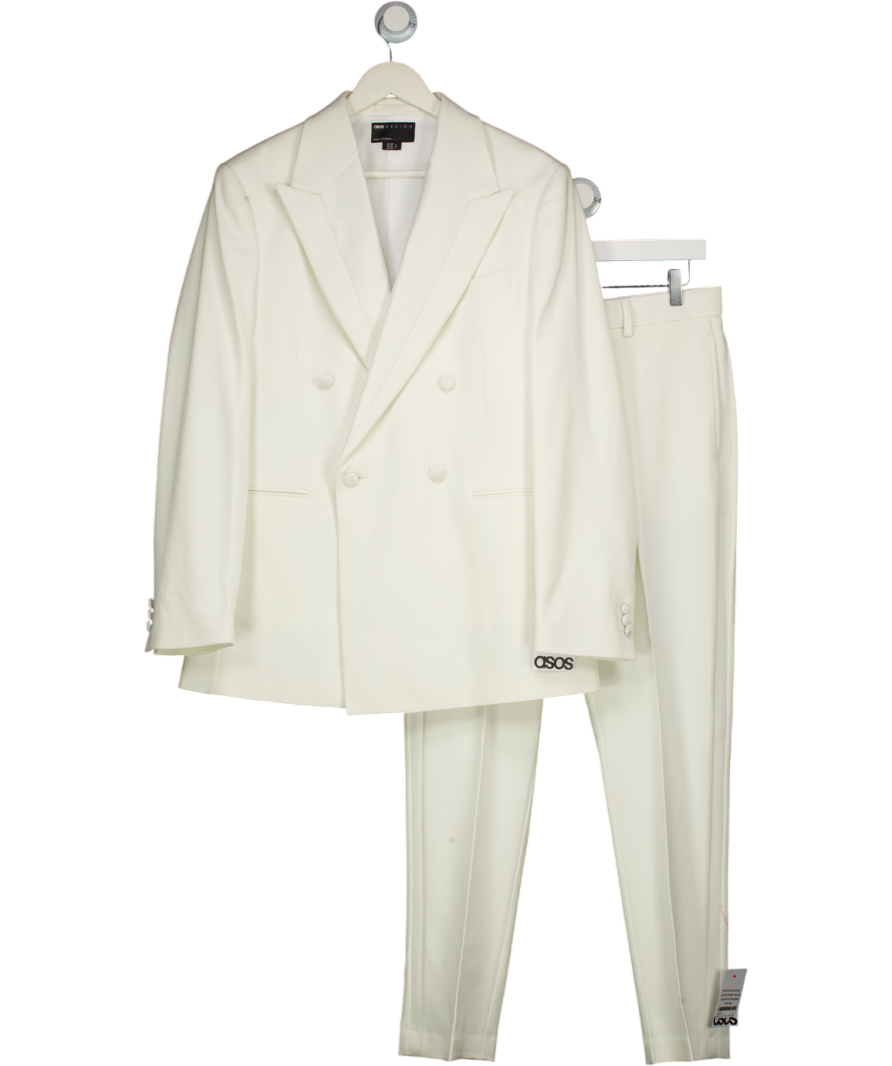 ASOS Slim Double Breasted Tuxedo 40" And Slim Trousers  With Satin Detail In Ivory Cream W32