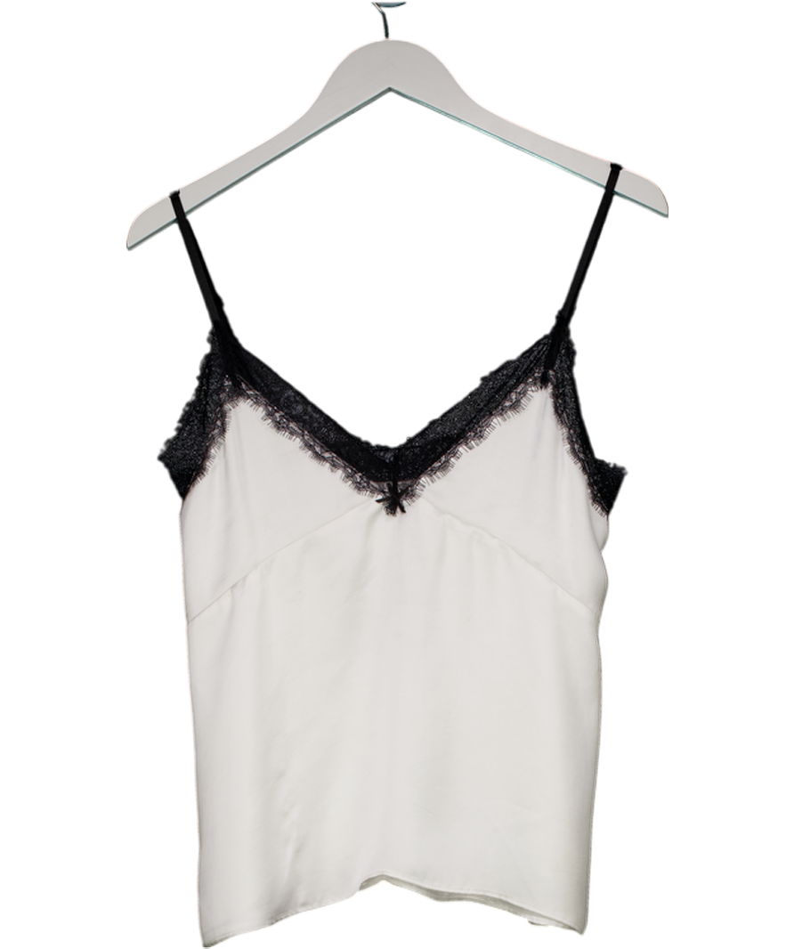 ZARA White Satin Cami With Black Lace Trim UK M