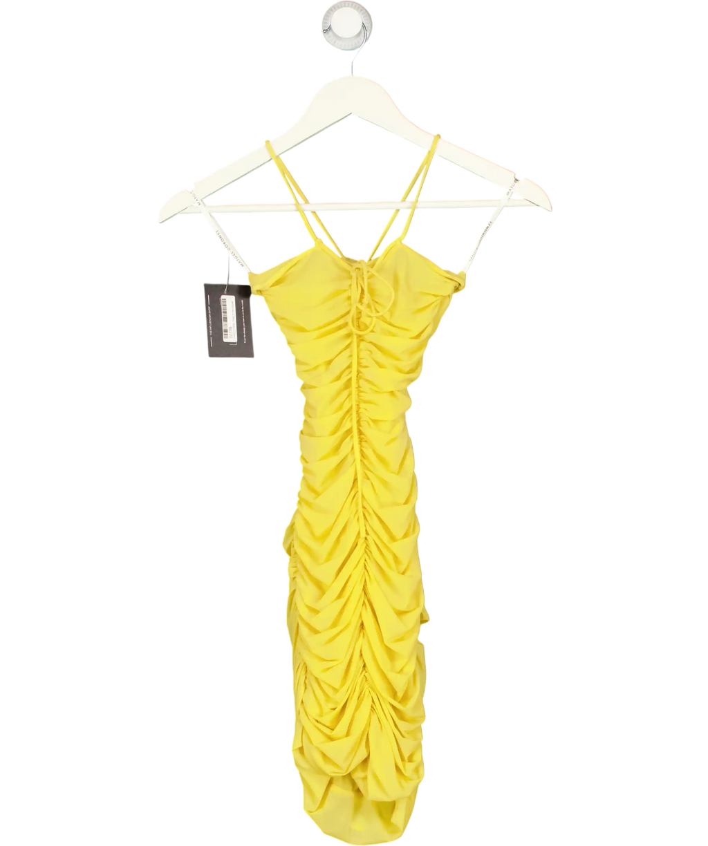 MAYGEL CORONEL PETITE Yellow Coari Appliquéd Ruched Cutout Halterneck Mini Dress UK XXS