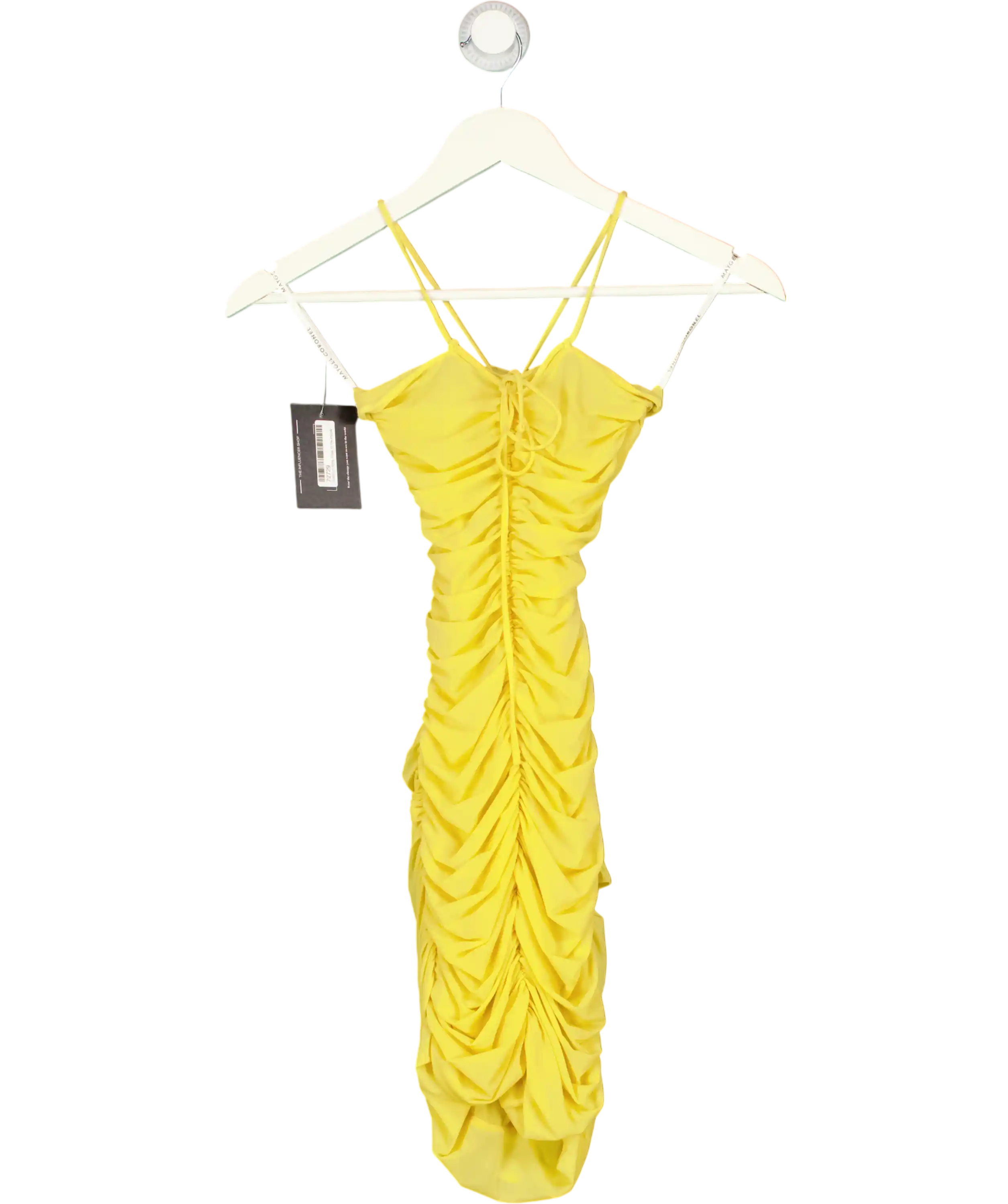 MAYGEL CORONEL PETITE Yellow Coari Appliquéd Ruched Cutout Halterneck Mini Dress UK XXS