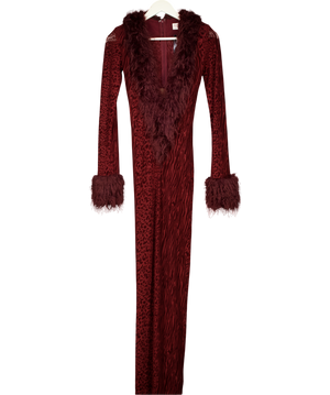 MISS CIRCLE Burgundy Red Leopard Burnout Velvet Mesh Maxi Dress UK XS