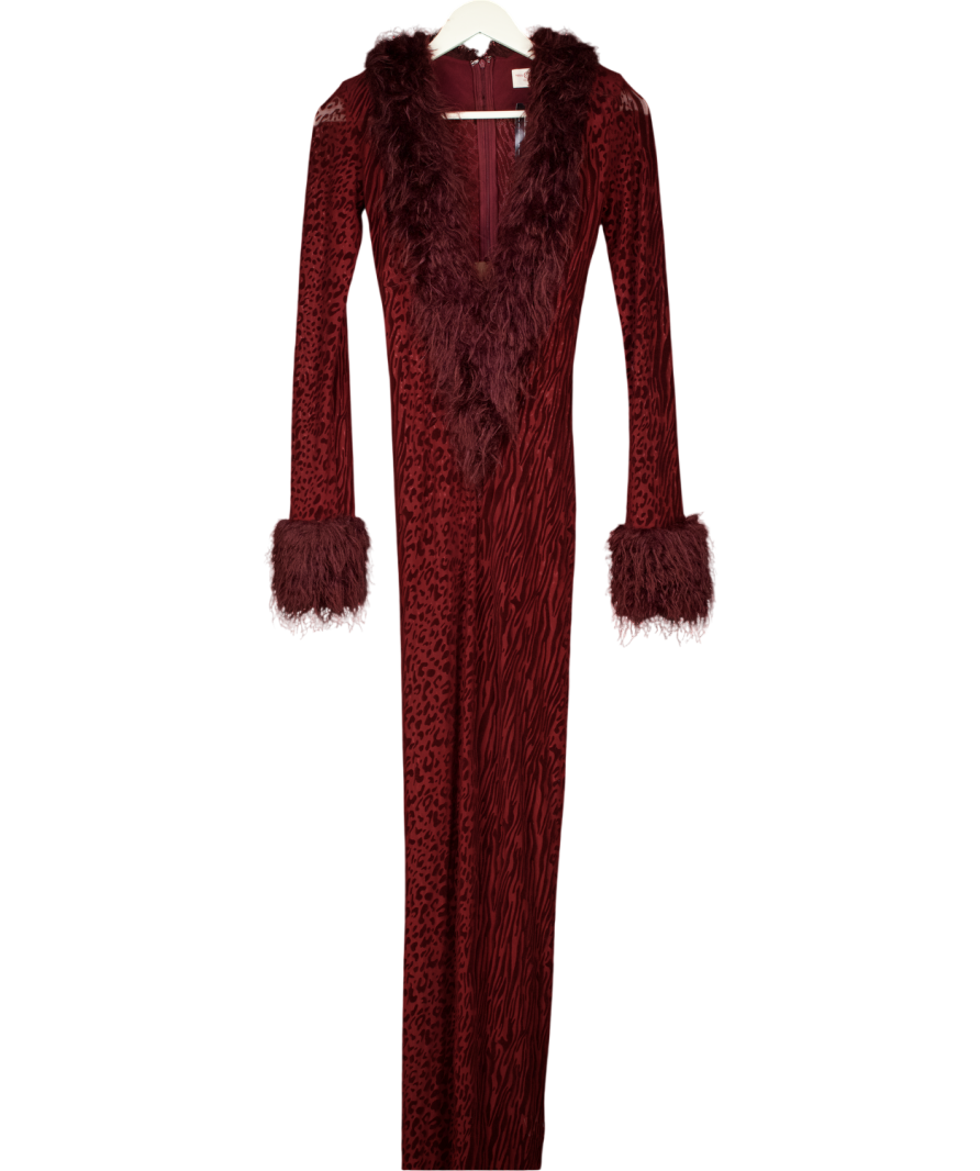 MISS CIRCLE Burgundy Red Leopard Burnout Velvet Mesh Maxi Dress UK XS