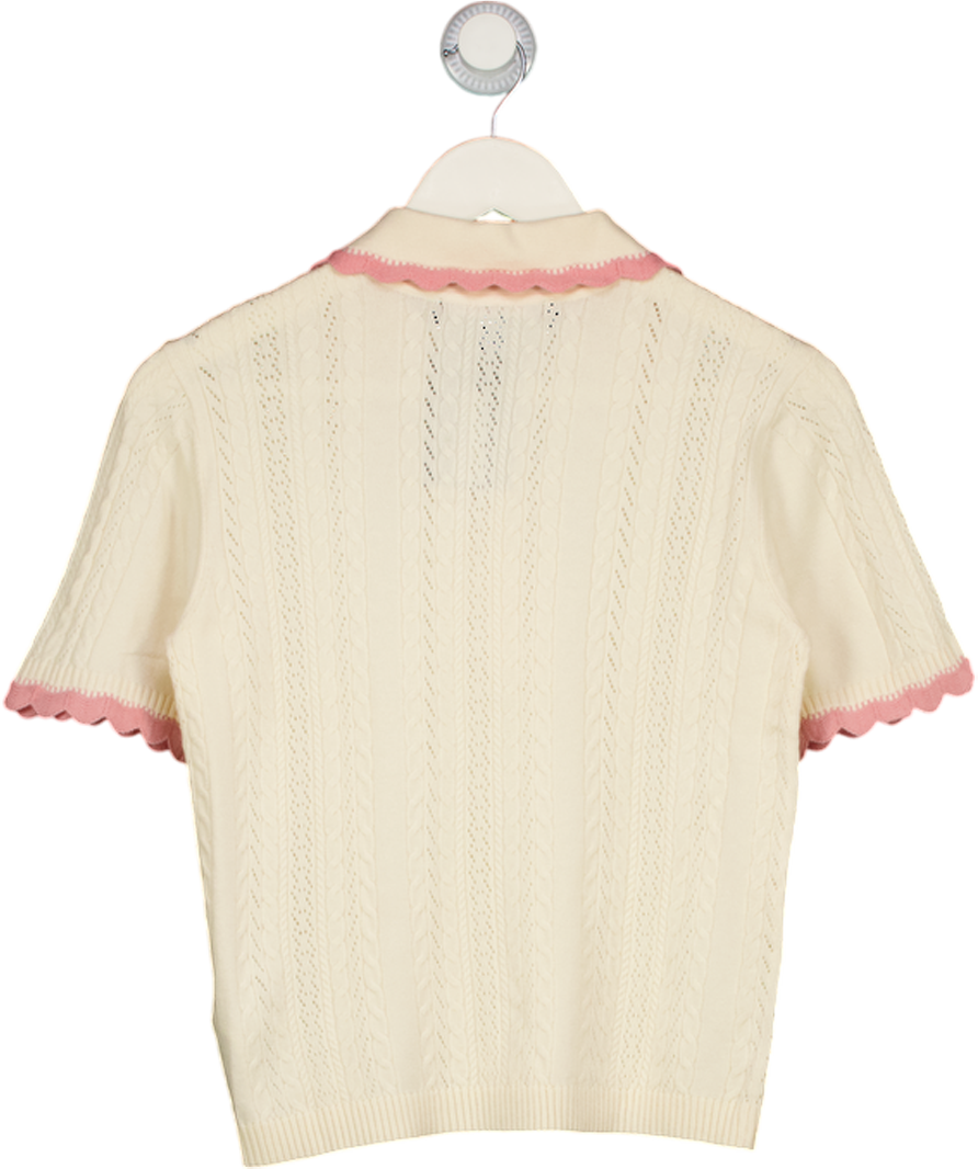 THREADBARE Cream Pointelle Knit Scalloped Polo Collar Top UK 8