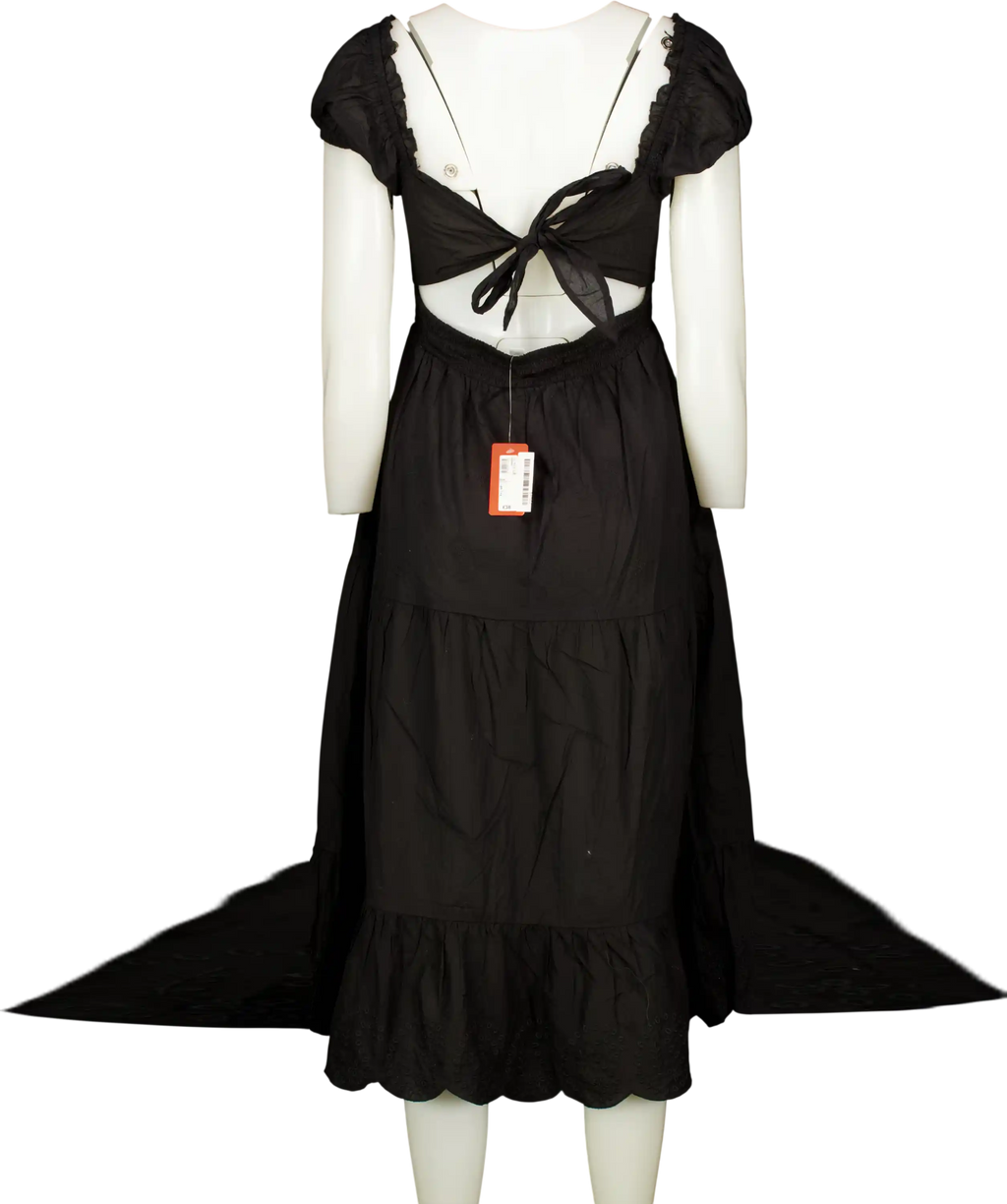 River Island Resort Black Cotton Shirred Waist Bow Back Midi Dress UK S