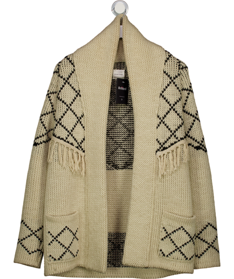 Anine Bing Beige Chunky Knit Ethnique Fringed Cardigan UK S