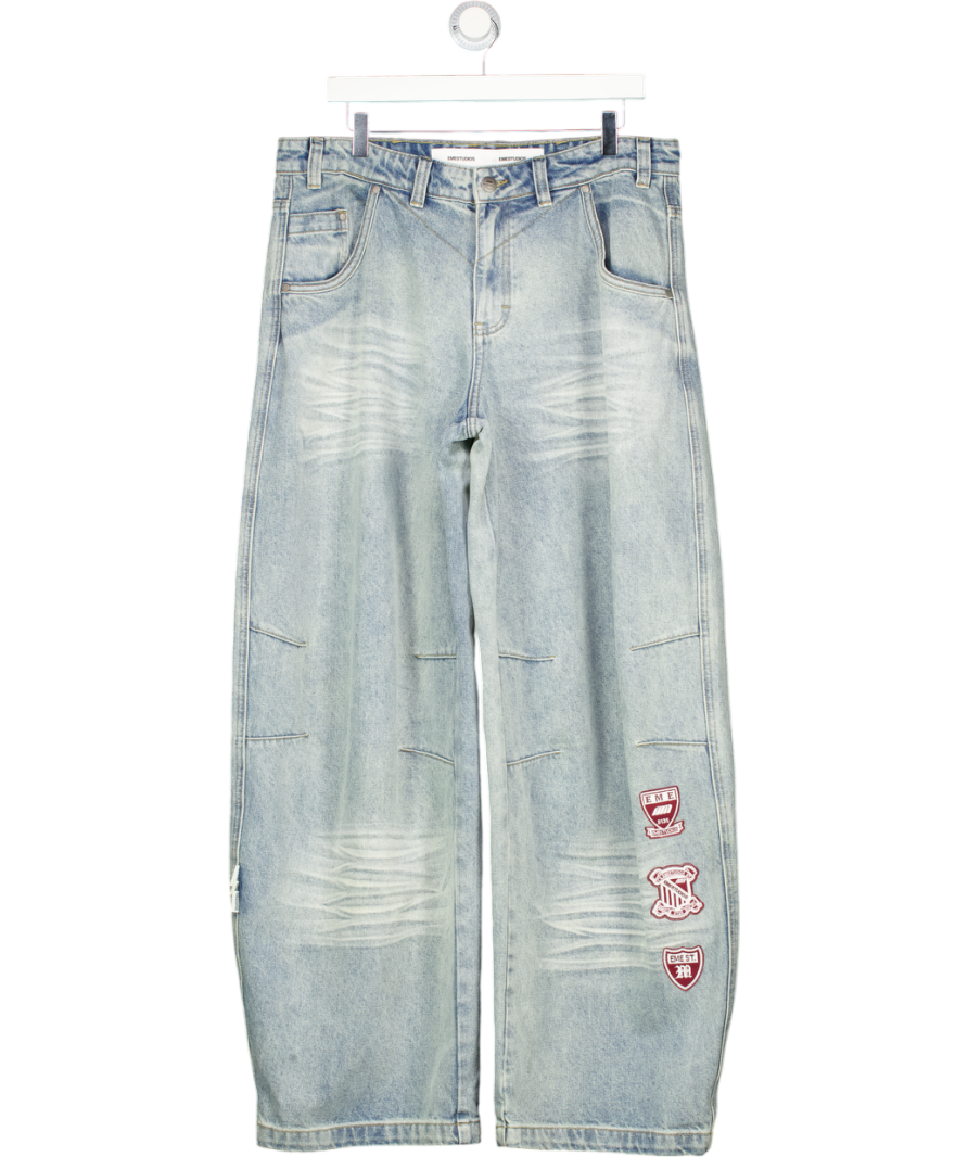 EME STUDIOS Washed Blue Patch Detail Baggy Jeans W32