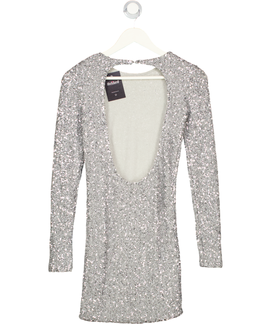 ZARA Metallic Silver Sequin Open Back Long Sleeve Mini Dress UK S