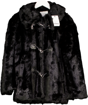 By Malina Black Danyelle Buckled Faux Fur Jacket UK XS