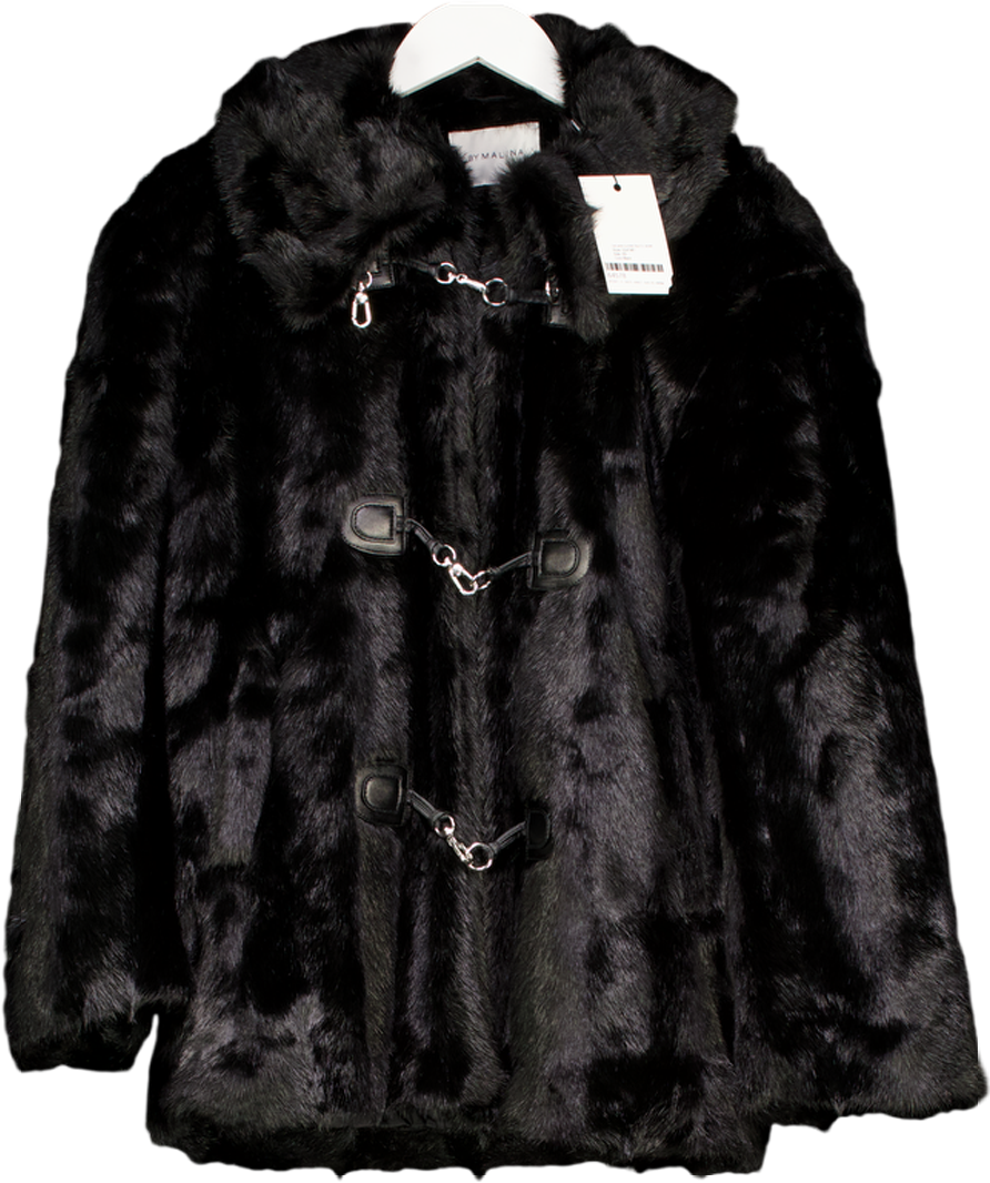 By Malina Black Danyelle Buckled Faux Fur Jacket UK XS
