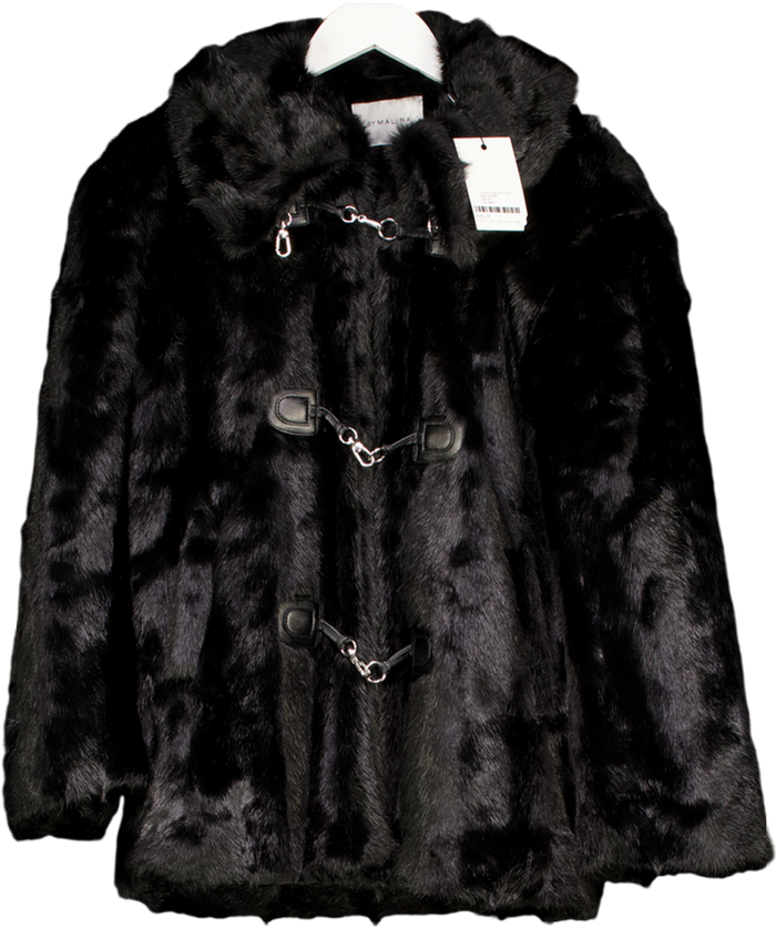 By Malina Black Danyelle Buckled Faux Fur Jacket UK XS