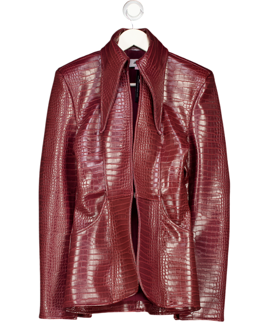 AQUIS Burgundy Red Carmin Sculpted Croc-embossed Faux Leather Jacket UK XS