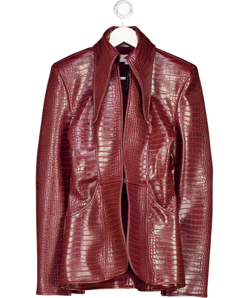 AQUIS Burgundy Red Carmin Sculpted Croc-embossed Faux Leather Jacket UK XS