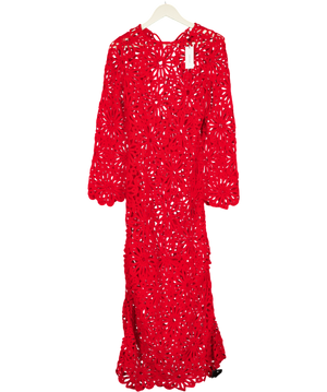 KAREN MILLEN Red Floral Crochet Woven Backless Maxi Beach Dress UK XS