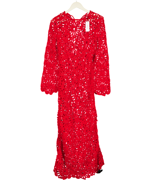 KAREN MILLEN Red Floral Crochet Woven Backless Maxi Beach Dress UK XS