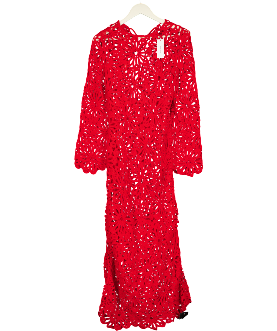 KAREN MILLEN Red Floral Crochet Woven Backless Maxi Beach Dress UK XS