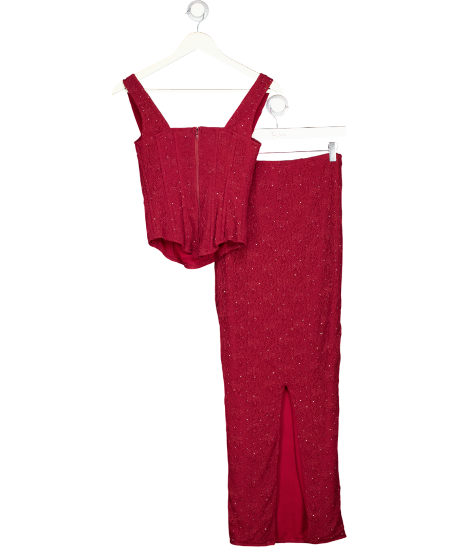 Mars the Label 2-piece Burgundy Red Embellished Lace Corset Top And Maxi Skirt Set UK 10