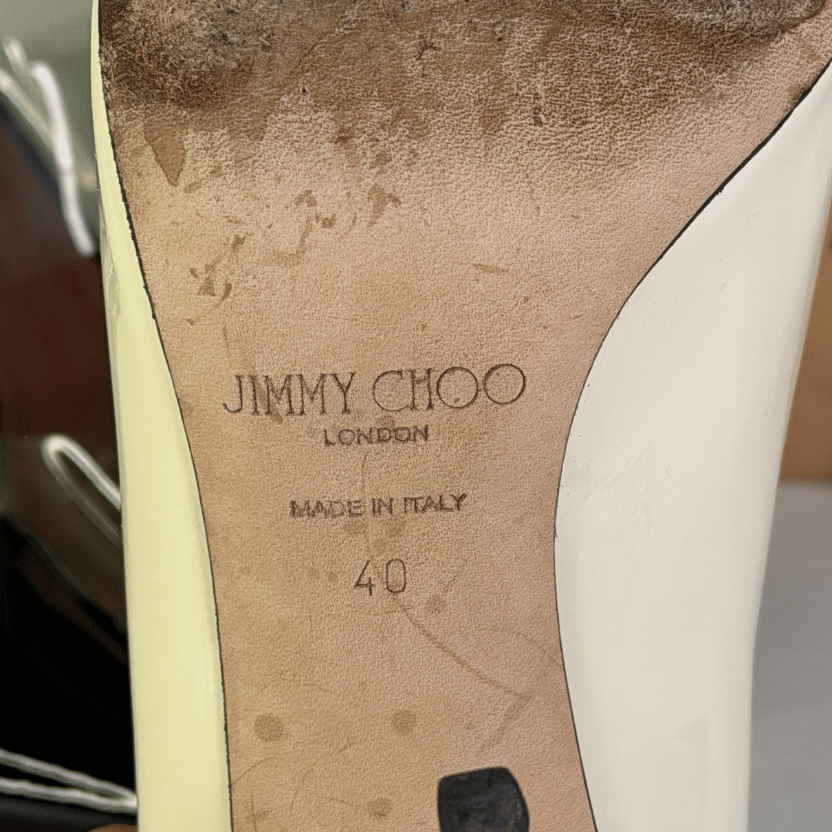 JIMMY CHOO Ivory Cream Love Patent Leather Heels With Silver Logo UK 7 EU 40 👠