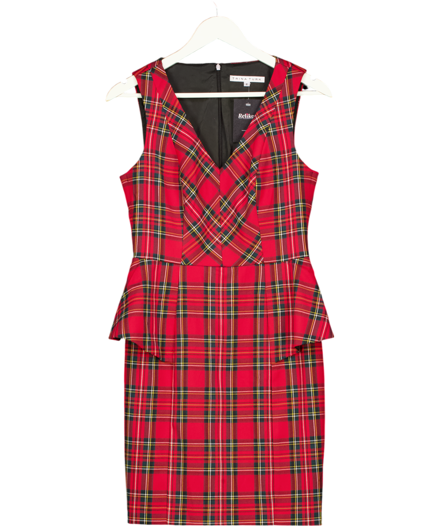 TRINA TURK Red Tartan Peplim Waist Shift Dress Us6 UK M