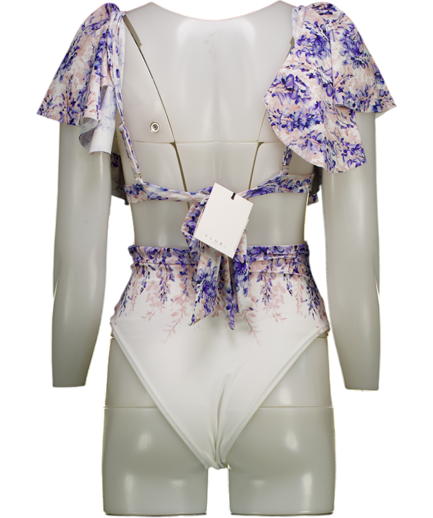 Club L White Wisteria Print Plunge-neck Ruffled Swimsuit UK 6