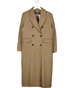 HOLLAND COOPER Double Breasted Long Wool Coat - Brown / Blue Houndstooth UK S