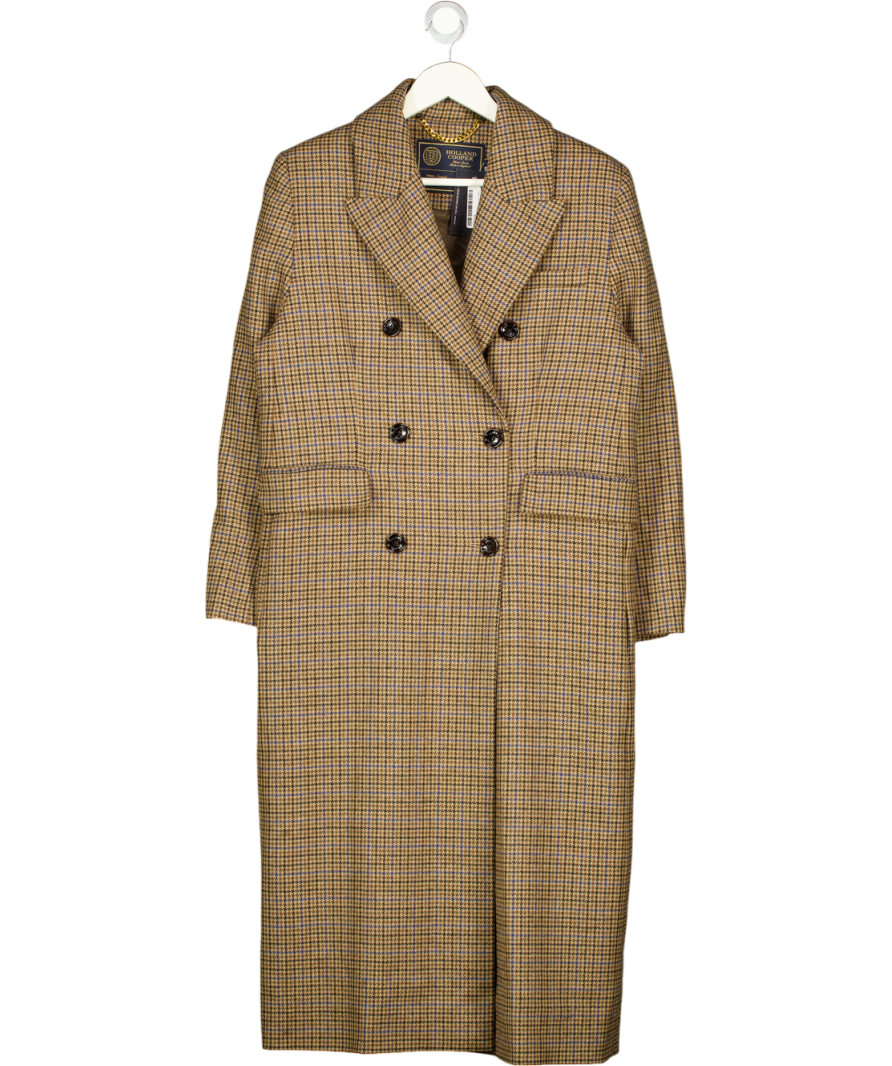HOLLAND COOPER Double Breasted Long Wool Coat - Brown / Blue Houndstooth UK S