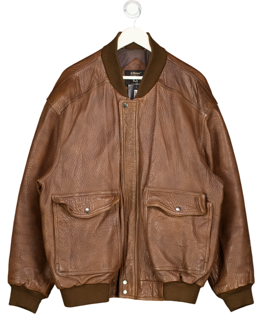 ST MICHAEL Vintage Luxury Brown Pebbled Leather Bomber Jacket UK XL