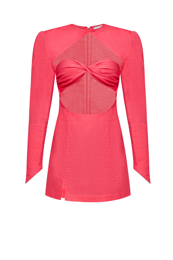 J'Amemme Pink Athena Long Sleeve Cut Out Linen Mini Dress UK XS/S