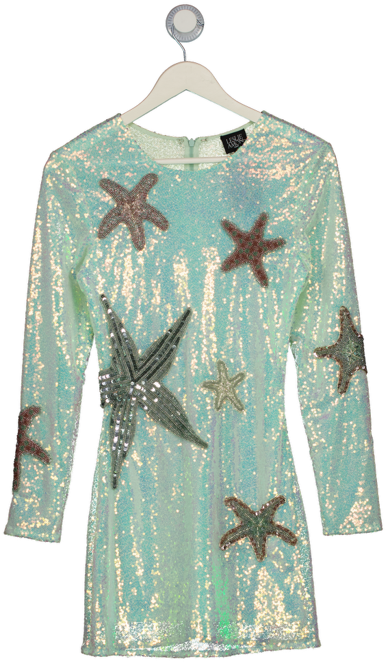 LESLIE AMON Light Aqua Green Mermaid Skin Dress In Iridescent Sequin UK XS