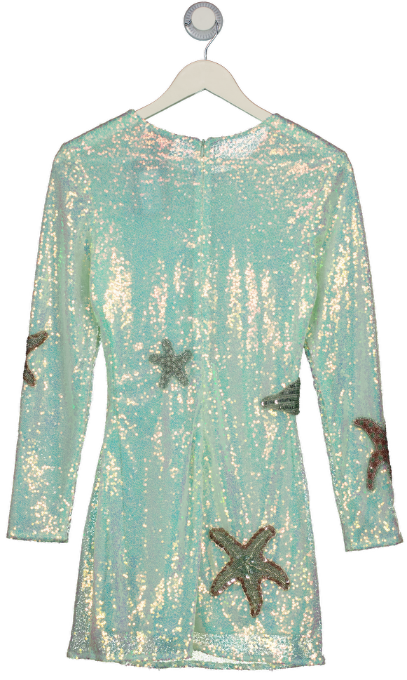 LESLIE AMON Light Aqua Green Mermaid Skin Dress In Iridescent Sequin UK XS