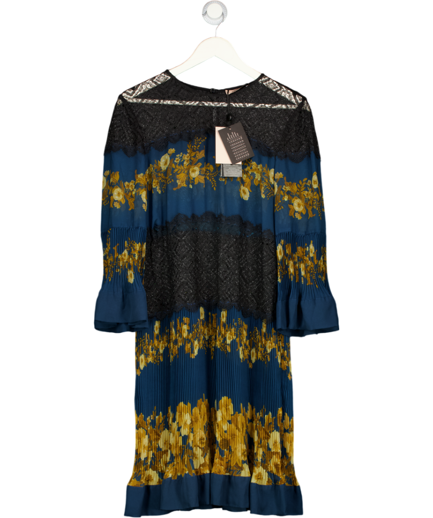 TWINSET MILANO Teal Blue Floral Tiered Dress With Black Lace Inserts It48 UK 16