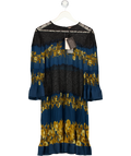 TWINSET MILANO Teal Blue Floral Tiered Dress With Black Lace Inserts It48 UK 16