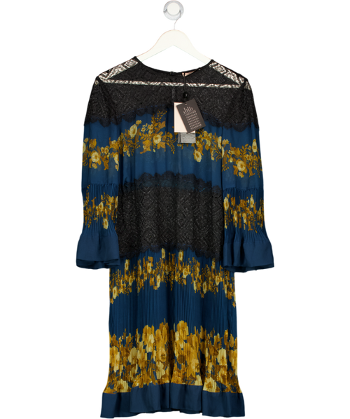 TWINSET MILANO Teal Blue Floral Tiered Dress With Black Lace Inserts It48 UK 16