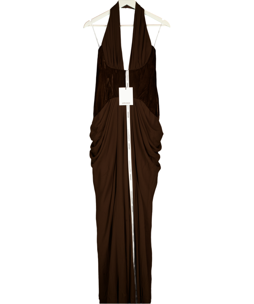 ARRANGE Velvet Plunge Halter Cinch Waist Maxi Dress With Train In Chocolate Brown UK 8