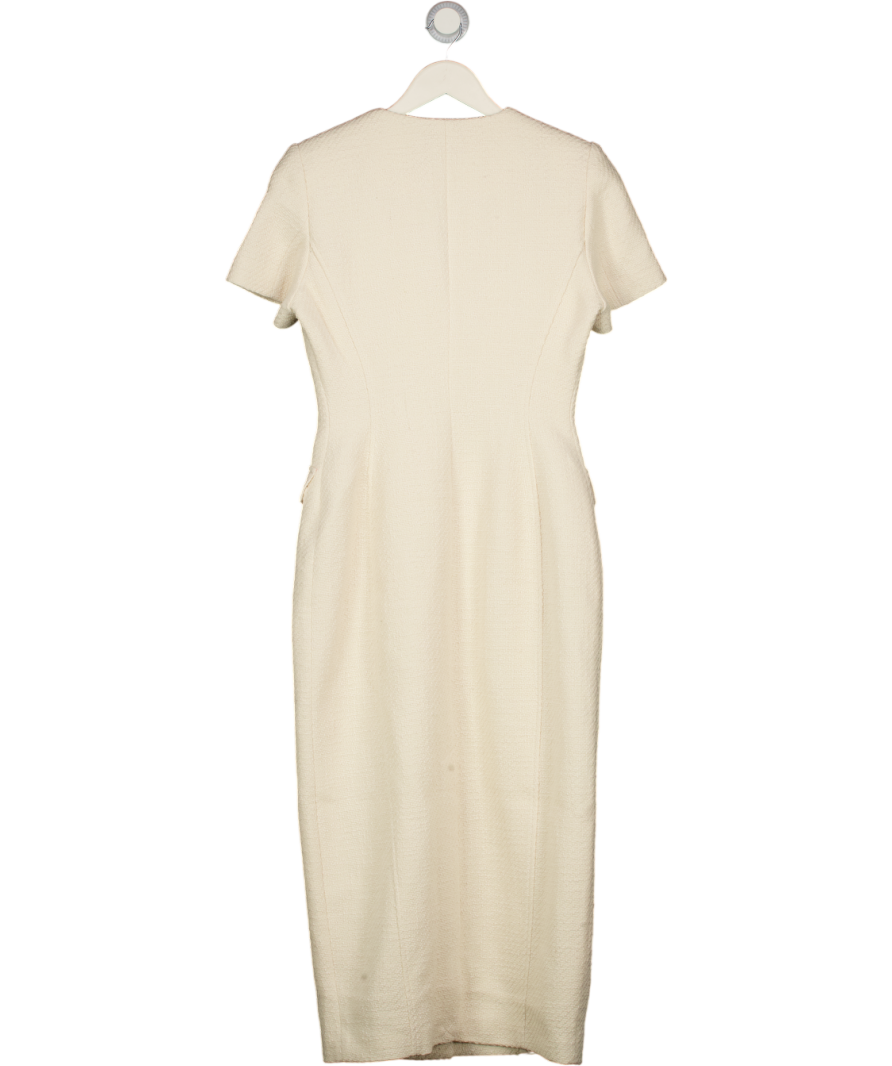 KAREN MILLEN Cream Textured Tweed Tailored Pocket Front Short Sleeve Midi Dress UK 8