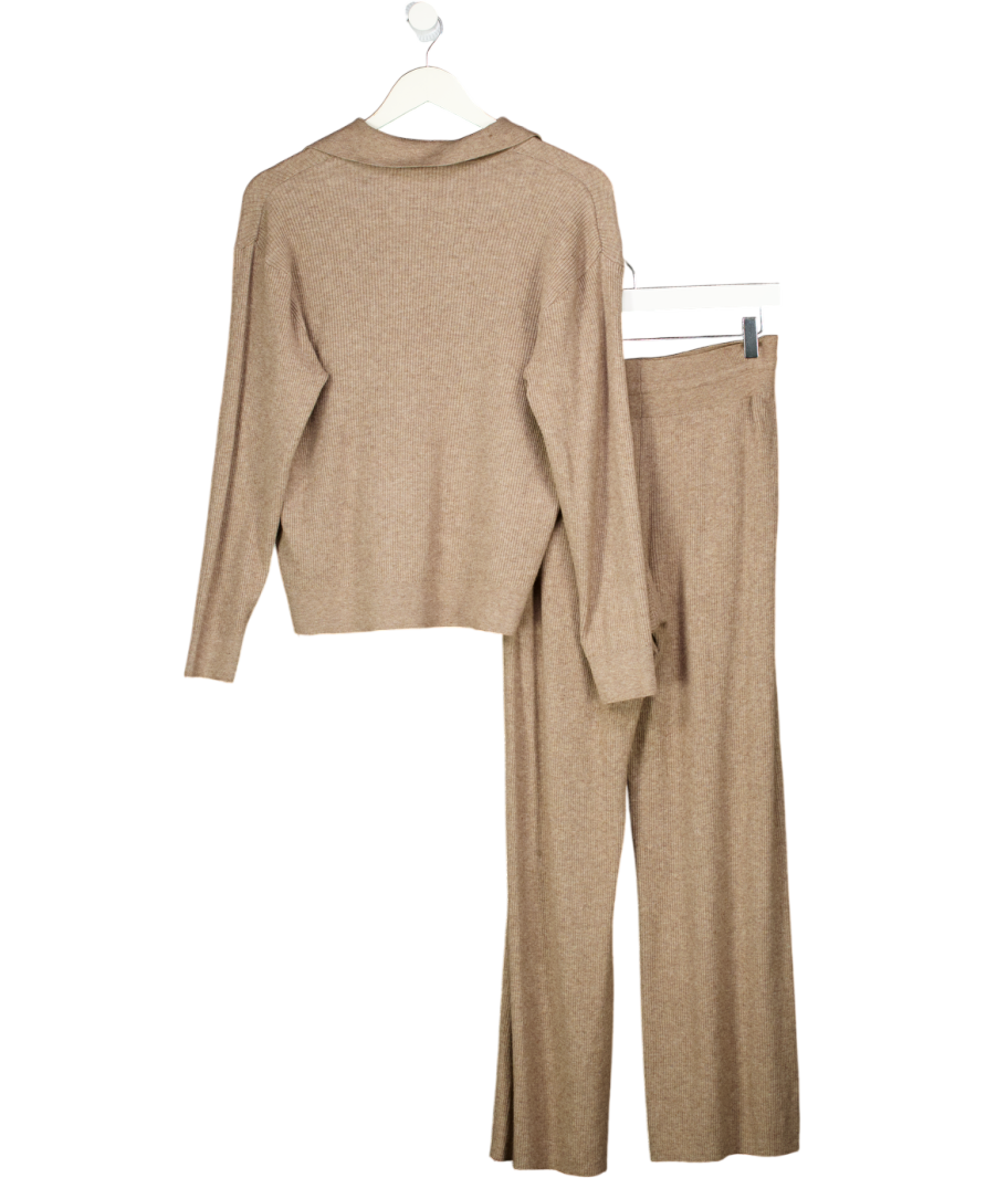 Uniqlo Beige 2-piece Machine Washable Ribbed Knit Collared Polo Top & Wide Leg Lounge Trouser Set UK M