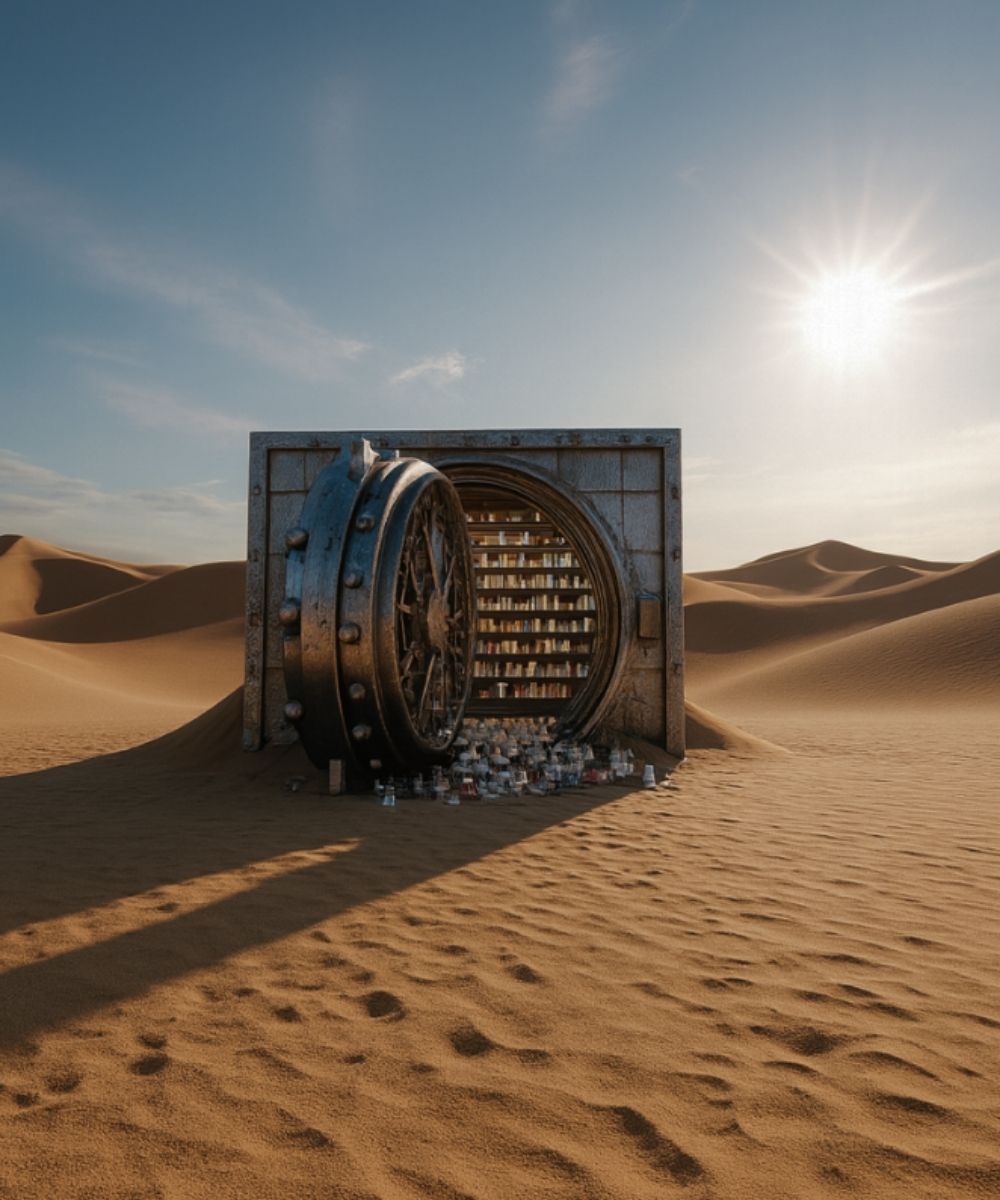 Large metal vault door in a desert landscape with books spilling out