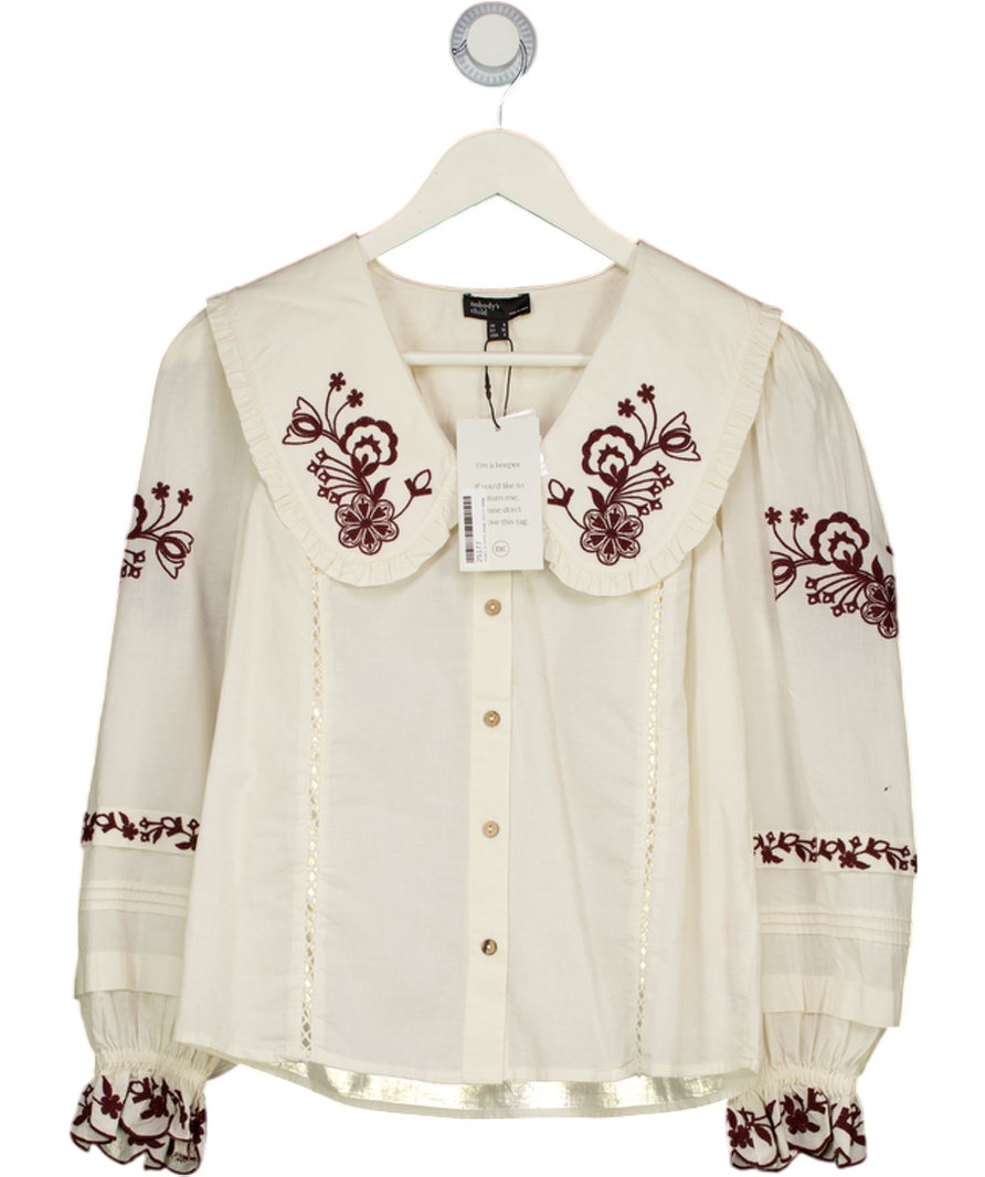 Nobody's Child Cream & Burgundy Embroidered Blouse UK 8