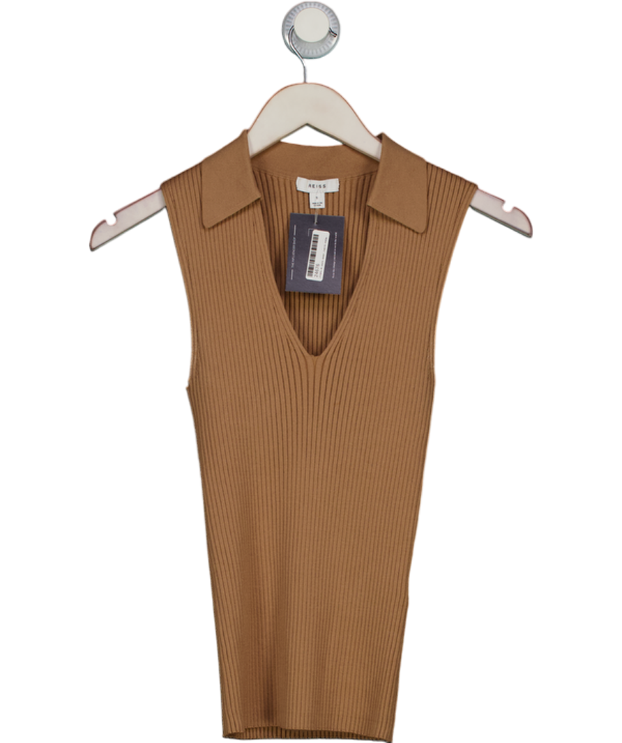 REISS Beige Camel Izzie V-neck Ribbed Sleeveless Top UK S