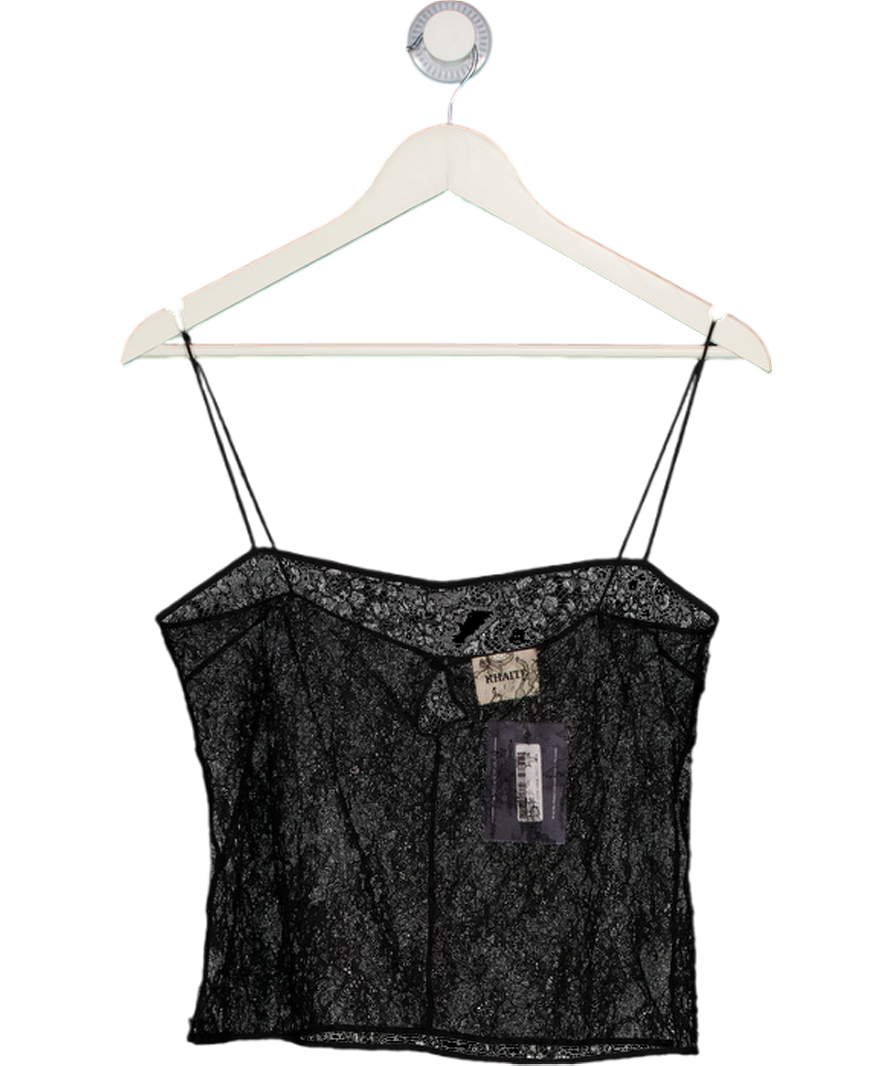 KHAITE Black Sadie Square-neck Floral-lace Tank Top UK S