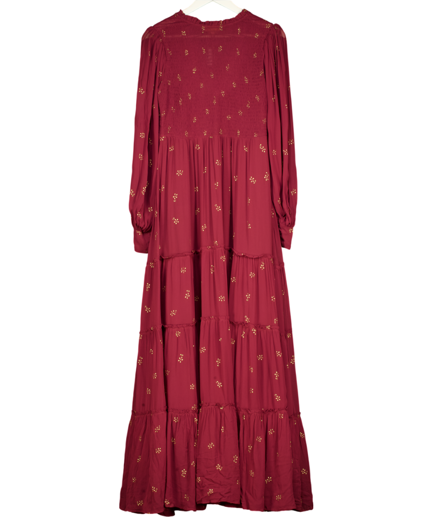 BYTIMO Burgundy Red / Gold Shirred Bodice Tiered Floral Maxi Dress UK M