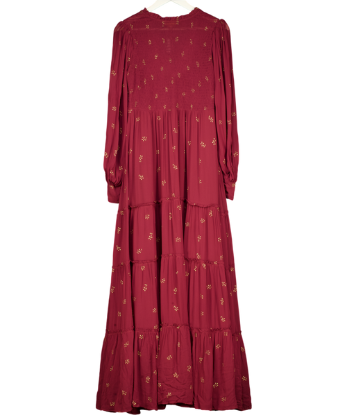 BYTIMO Burgundy Red / Gold Shirred Bodice Tiered Floral Maxi Dress UK M