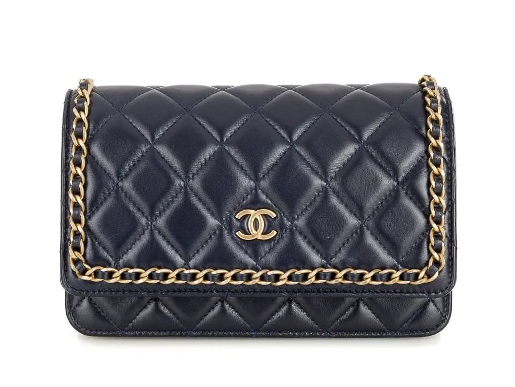 CHANEL Navy Blue Chain Around quilted Lambskin / Gold hardware wallet on a chain