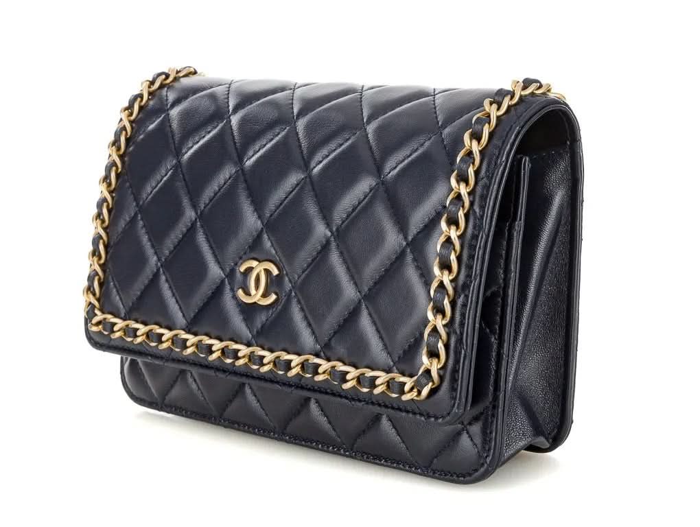CHANEL Navy Blue Chain Around quilted Lambskin / Gold hardware wallet on a chain